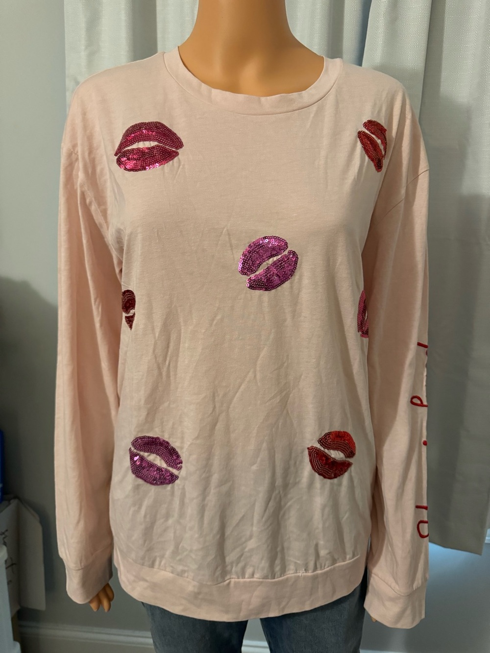 Cute Sable Sky size L pink long sleeve sequin hearts You Are Loved shirt new